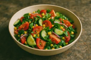 Fresh cucumber and tomato salad with red onion, parsley, and a tangy dressing