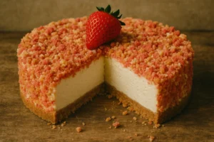 A delicious slice of no-bake strawberry cheesecake with a crunchy crust and fresh strawberry topping.