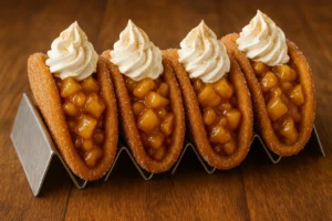 Delicious Apple Cinnamon Churro Tacos filled with spiced apples and topped with cinnamon sugar.