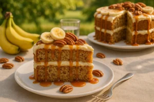 A slice of moist Banana Pudding Cake topped with a rich caramel drizzle, perfect for any dessert occasion.