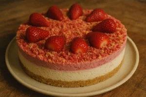No-Bake Strawberry Cheesecake with a crunchy topping and fresh strawberries, served in a springform pan.