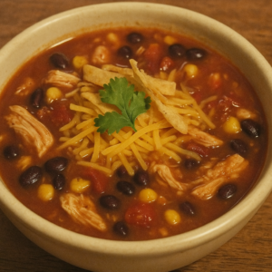 A bowl of Chicken Taco Soup Recipe with shredded cheese, cilantro, and a slice of lime. A perfect dish for taco lovers and soup enthusiasts.