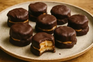 Chocolate Peanut Butter Banana Bites on a plate, drizzled with chocolate and topped with a sprinkle of sea salt.