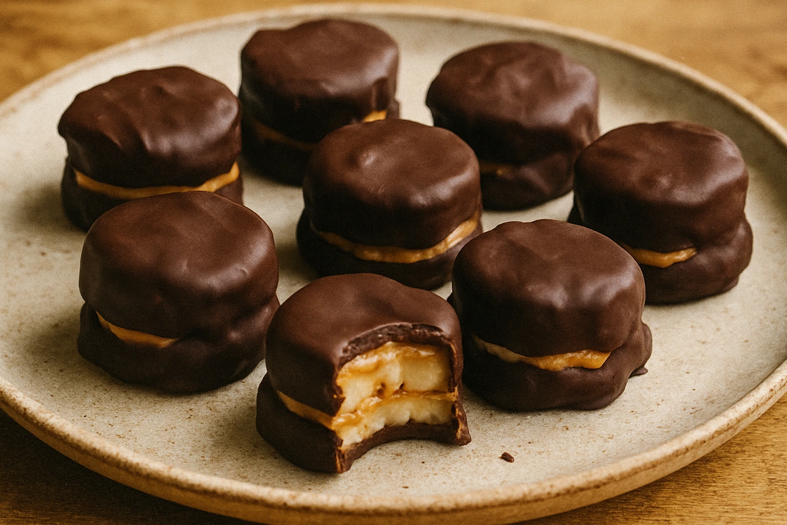 Chocolate Peanut Butter Banana Bites on a plate, drizzled with chocolate and topped with a sprinkle of sea salt.