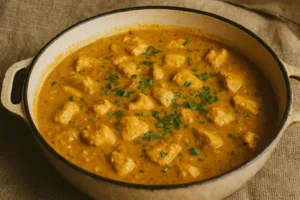 Creamy coconut chicken curry with tender chicken pieces, rich coconut milk, and aromatic spices.