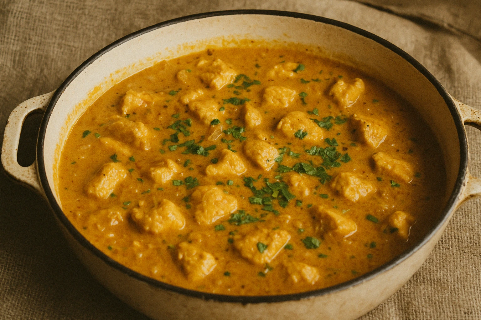 Creamy coconut chicken curry with tender chicken pieces, rich coconut milk, and aromatic spices.