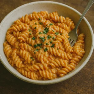Creamy tomato pasta in a bowl with fresh basil and Parmesan cheese