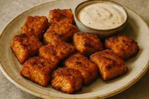 Crispy bang bang salmon bites coated in panko breadcrumbs and served with a spicy sauce