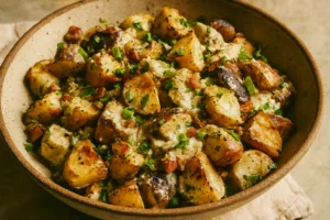 A bowl of roasted potato salad with creamy dressing, garnished with fresh herbs and vegetables.
