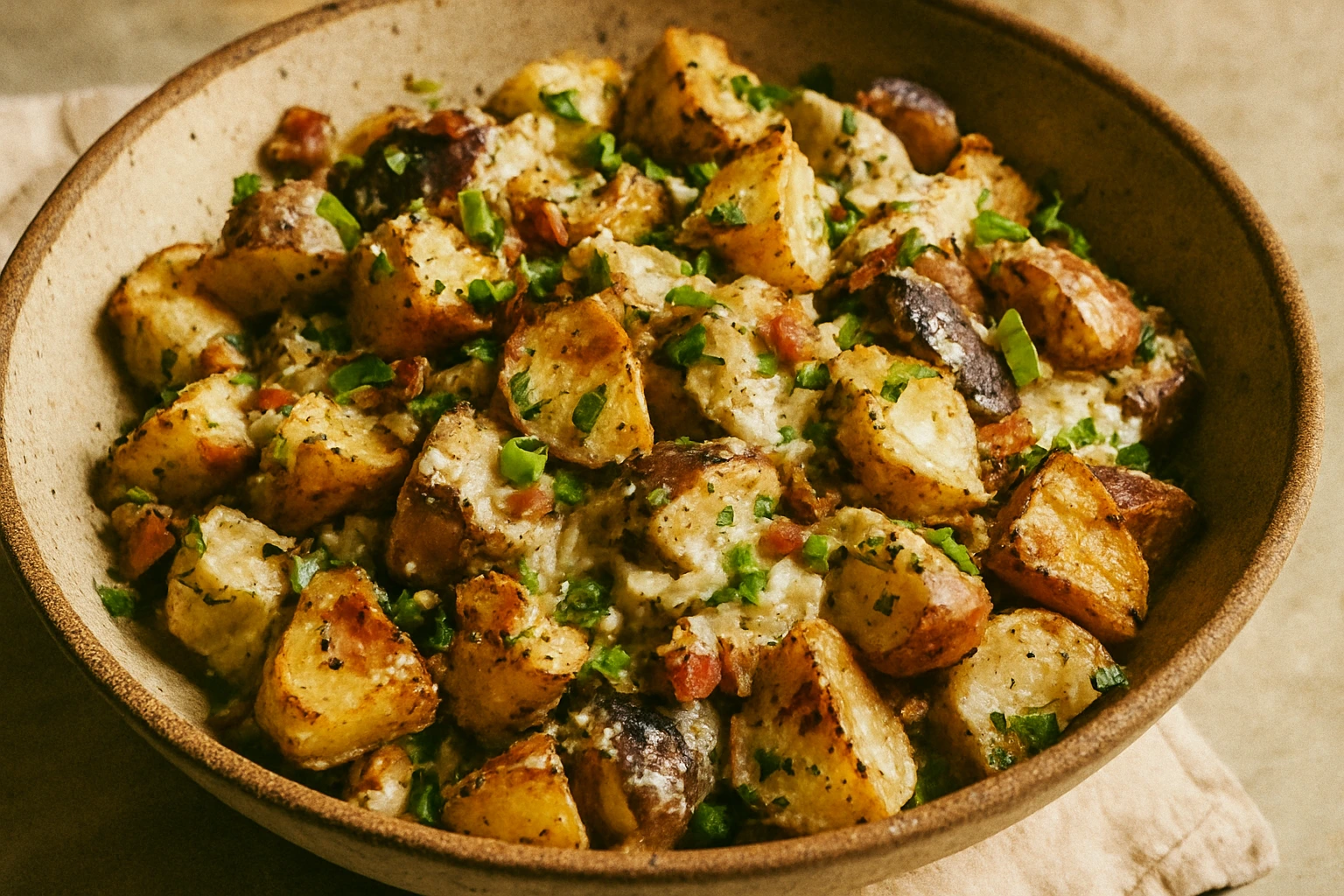 A bowl of roasted potato salad with creamy dressing, garnished with fresh herbs and vegetables.