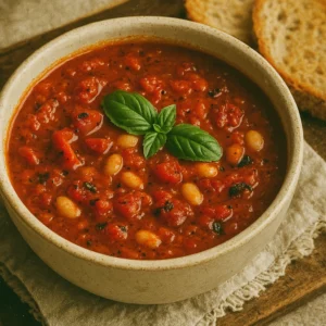 Fire roasted tomato soup recipe in a bowl with fresh basil, served with a grilled cheese sandwich.