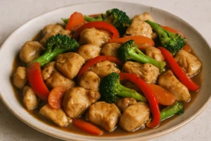 Garlic chicken stir fry with colorful vegetables in a skillet