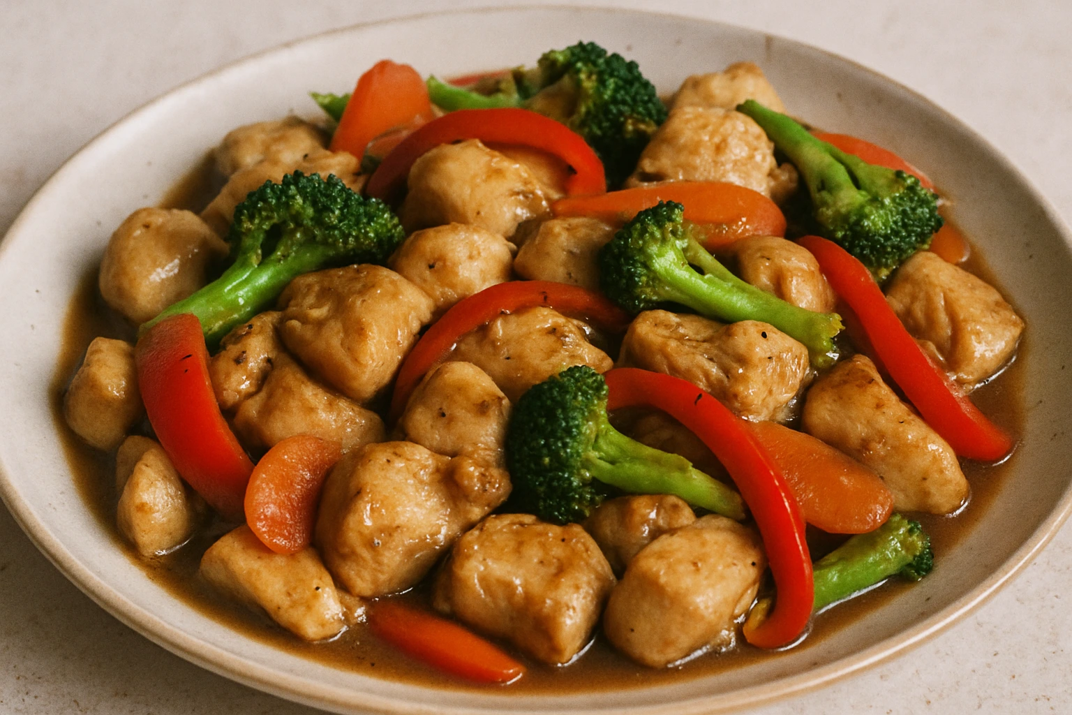 Garlic chicken stir fry with colorful vegetables in a skillet