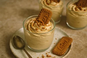 Biscoff mousse in serving cups topped with crushed cookies and a drizzle of Biscoff spread