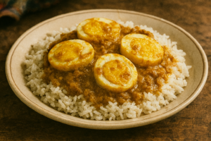 A flavorful and hearty eggs and rice curry served with cilantro on top, perfect for a quick and nutritious meal.