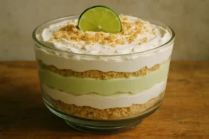 Key Lime Pie Trifle with layers of lime filling, whipped cream, and graham cracker crumbs in a trifle dish