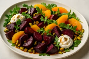 A colorful roasted beet salad with whipped feta cheese, crunchy pistachios, and fresh parsley.