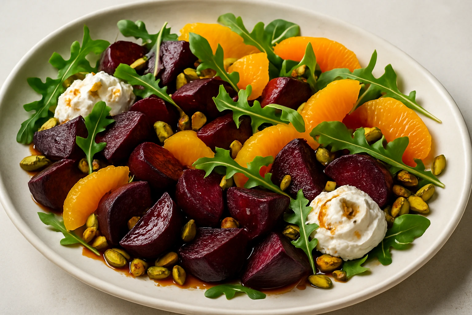 A colorful roasted beet salad with whipped feta cheese, crunchy pistachios, and fresh parsley.