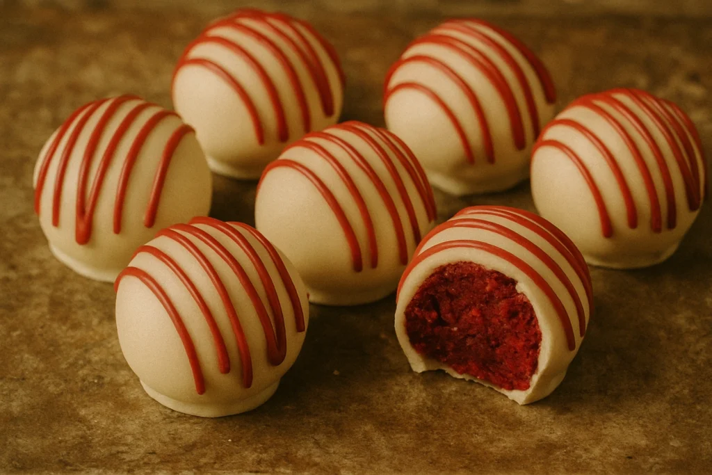 Red velvet truffles with white chocolate coating and red drizzle.
