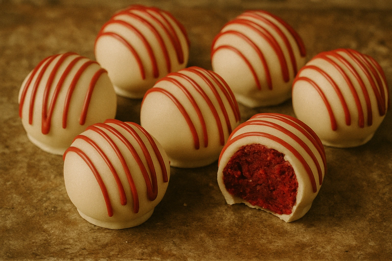 Red velvet truffles with white chocolate coating and red drizzle.