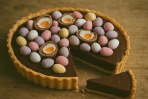 Easter chocolate tart with rich chocolate filling and graham cracker crust