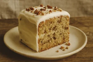A freshly baked Hummingbird Cake recipe with cream cheese frosting and chopped walnuts, served on a white plate with tropical fruit on the side.
