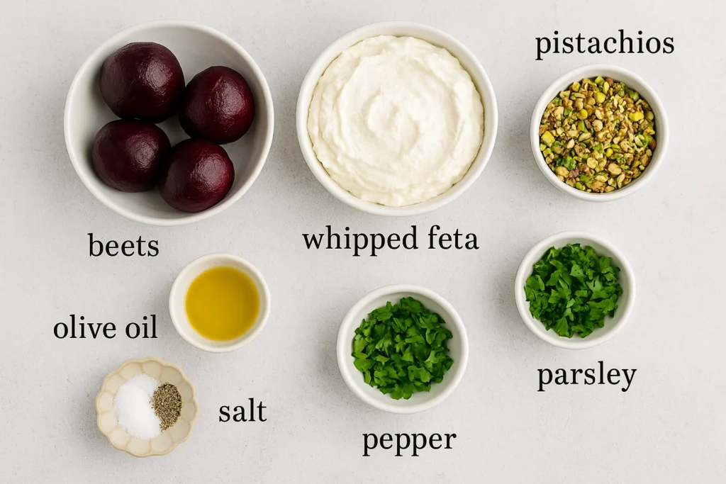 A colorful roasted beet salad with whipped feta cheese, crunchy pistachios, and fresh parsley.