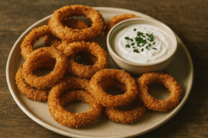 A close-up of crispy onion rings served with a creamy yogurt dip, ideal for a savory snack.