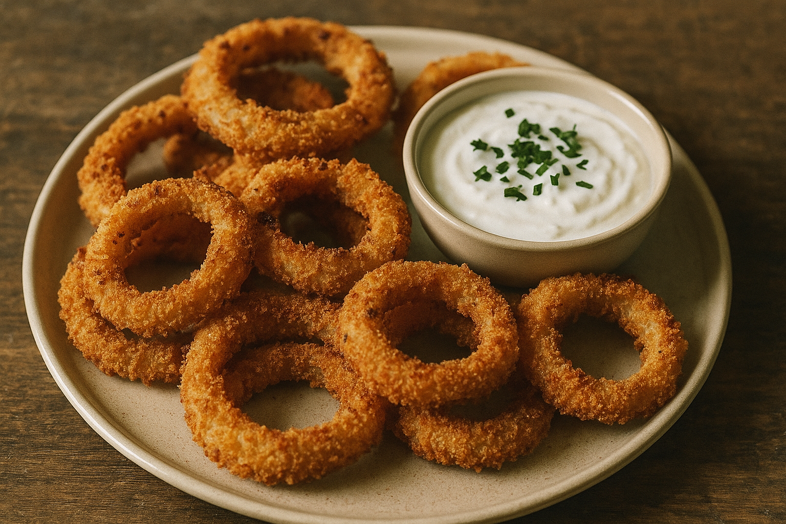 A close-up of crispy onion rings served with a creamy yogurt dip, ideal for a savory snack.