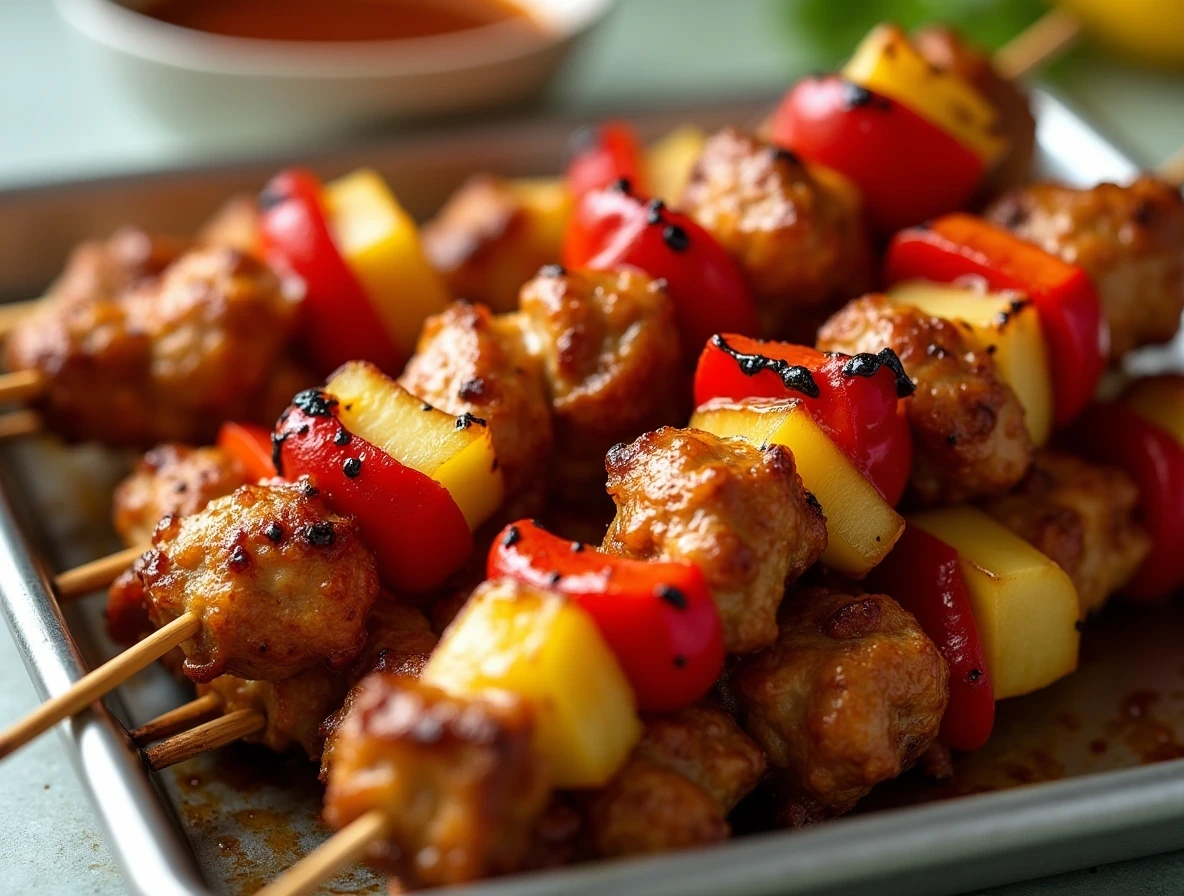 BBQ chicken pineapple kabobs on a grill with colorful vegetables and juicy pineapple chunks.