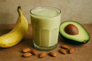 Banana Avocado Almond Smoothie with banana slices and cinnamon.