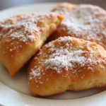 Freshly fried fluffy Beignets Recipe dusted with powdered sugar served on a rustic tray with a cup of café au lait