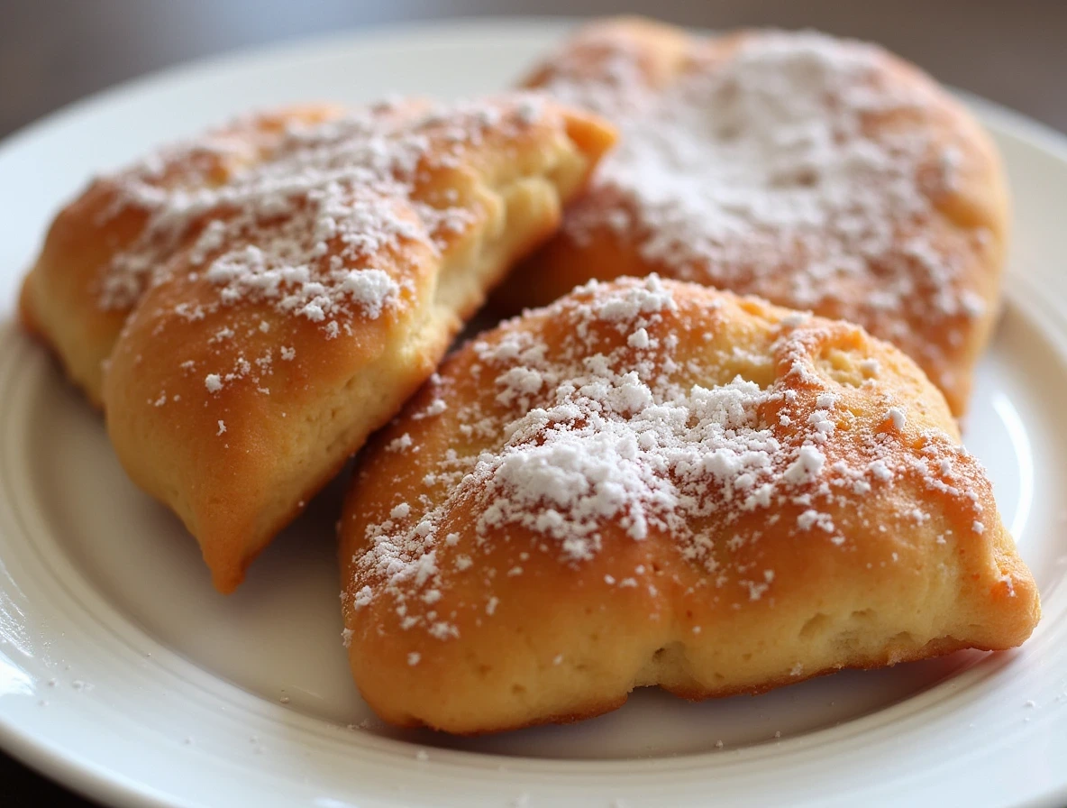 Freshly fried fluffy Beignets Recipe dusted with powdered sugar served on a rustic tray with a cup of café au lait