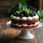 A moist blackberry cake topped with fresh berries and creamy white frosting on a cake stand, styled for a food blog.