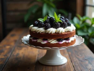 A moist blackberry cake topped with fresh berries and creamy white frosting on a cake stand, styled for a food blog.