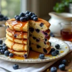 A tall slice of blueberry pancake cake drizzled with maple syrup on a brunch table, surrounded by fresh blueberries and rustic decor.