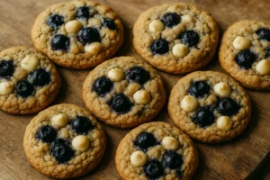 Freshly baked blueberry cookies with white chocolate chips on a cooling rack