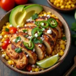 A delicious chicken corn bowl with grilled chicken, charred street corn, jasmine rice, avocado, and lime wedges served in a rustic bowl