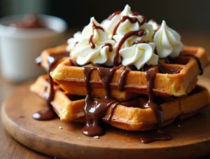 A stack of crispy chocolate waffles topped with whipped cream, chocolate drizzle, and strawberries on a breakfast table.