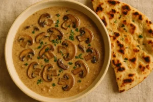 A bowl of creamy mushroom soup served with freshly baked garlic naan