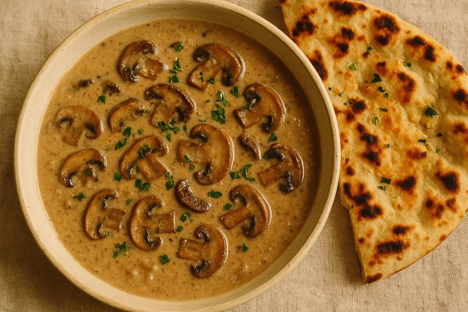 A bowl of creamy mushroom soup served with freshly baked garlic naan