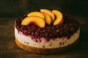 A slice of berry cheesecake peach topped with fresh peaches and mixed berries on a graham cracker crust.