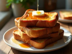 Golden brown French Toast Recipe stacked on a white plate with berries, powdered sugar, and maple syrup, crispy edges and custardy interior in natural morning light