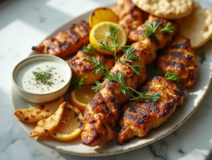Grilled chicken shawarma served with creamy yogurt sauce, fresh vegetables, and pita bread