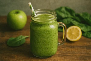 A refreshing green detox smoothie made with spinach, kale, coconut water, and chia seeds in a glass, garnished with lemon.