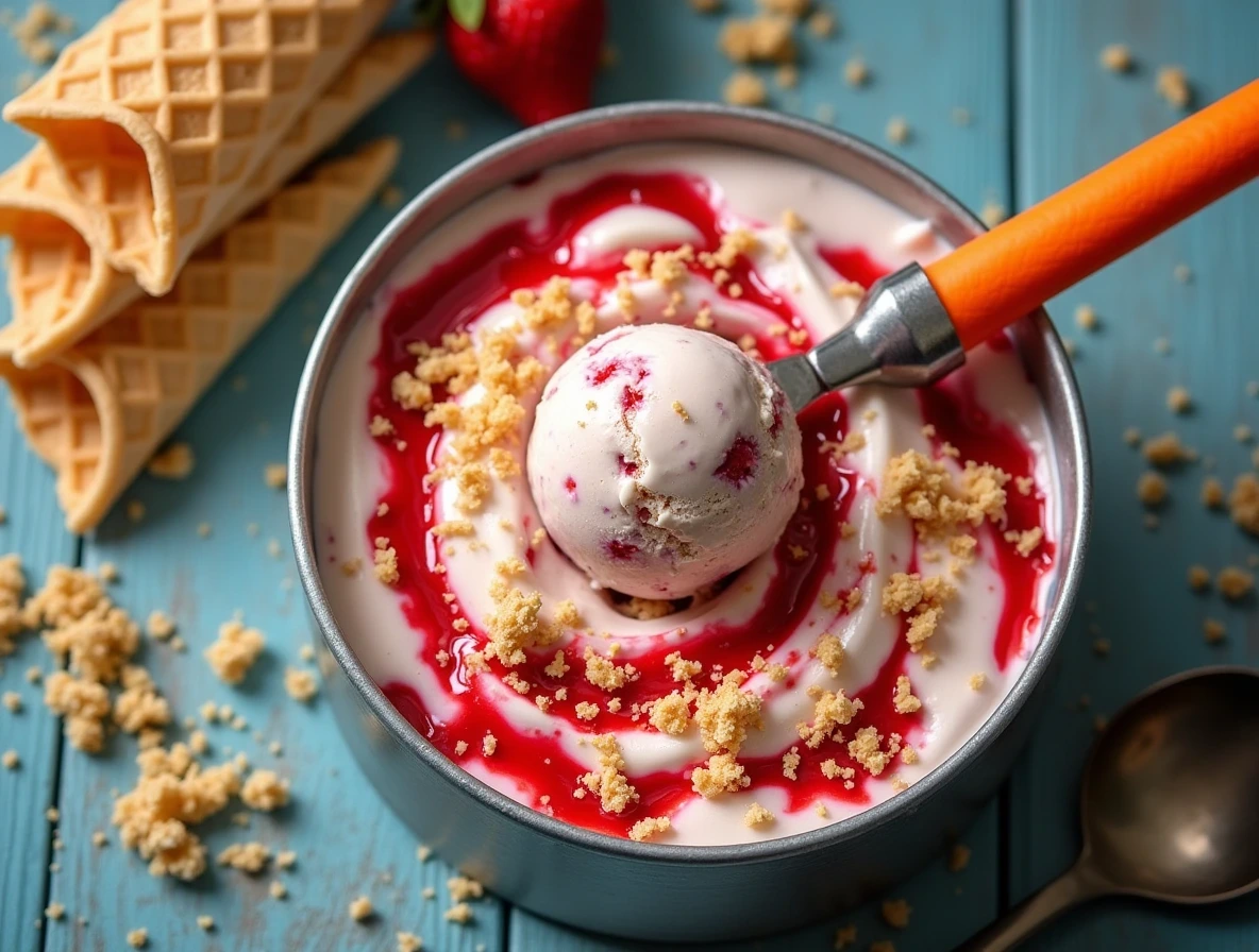 A bowl of homemade strawberry cheesecake ice cream with fresh strawberries and graham cracker crumbs on top.