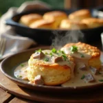 A plate of fluffy low-carb biscuits topped with creamy keto sausage gravy, garnished with parsley and served on a rustic wooden table.