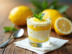 Glass cup of Lemon Mousse Recipe layered with lemon curd, topped with zest and mint, on a wooden table with fresh lemons in background