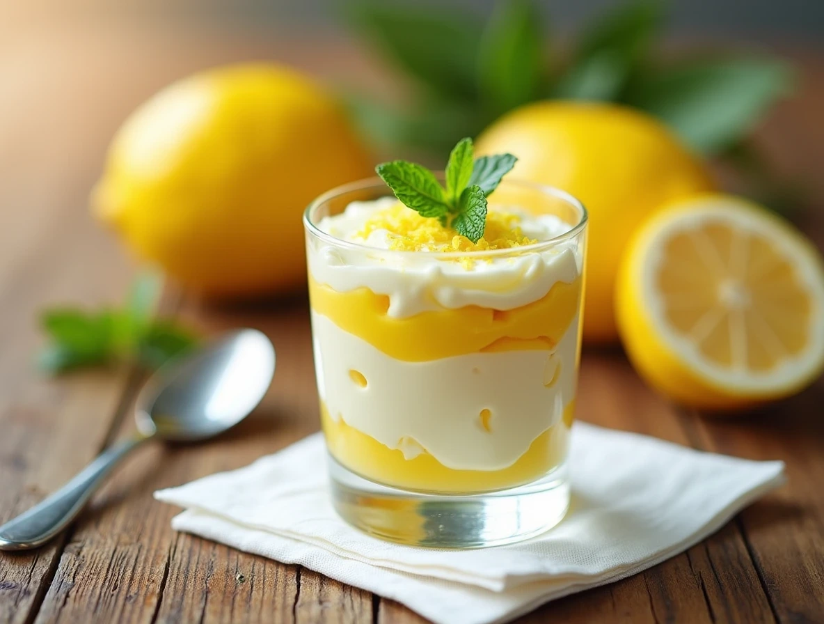 Glass cup of Lemon Mousse Recipe layered with lemon curd, topped with zest and mint, on a wooden table with fresh lemons in background