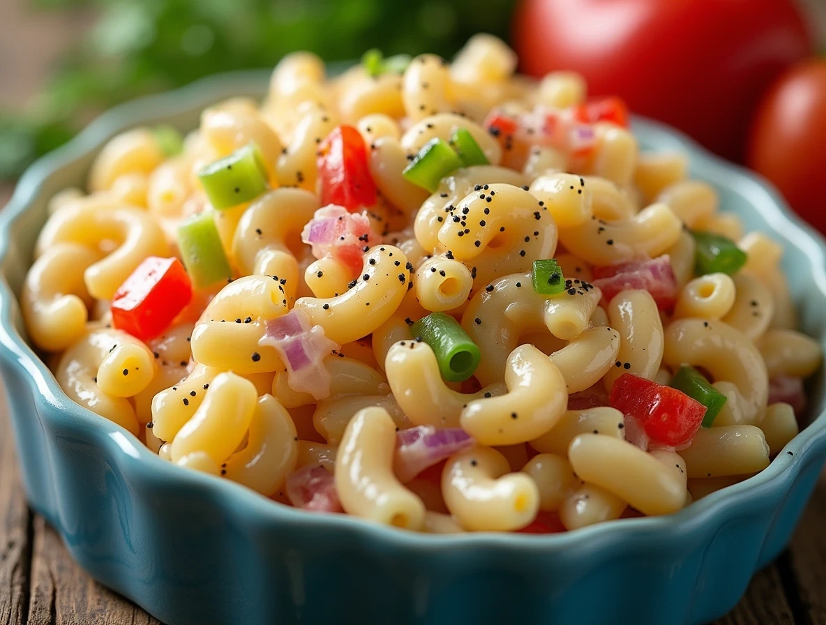A bowl of creamy Macaroni Salad Recipe with bell peppers, celery, and herbs served as a BBQ side dish.